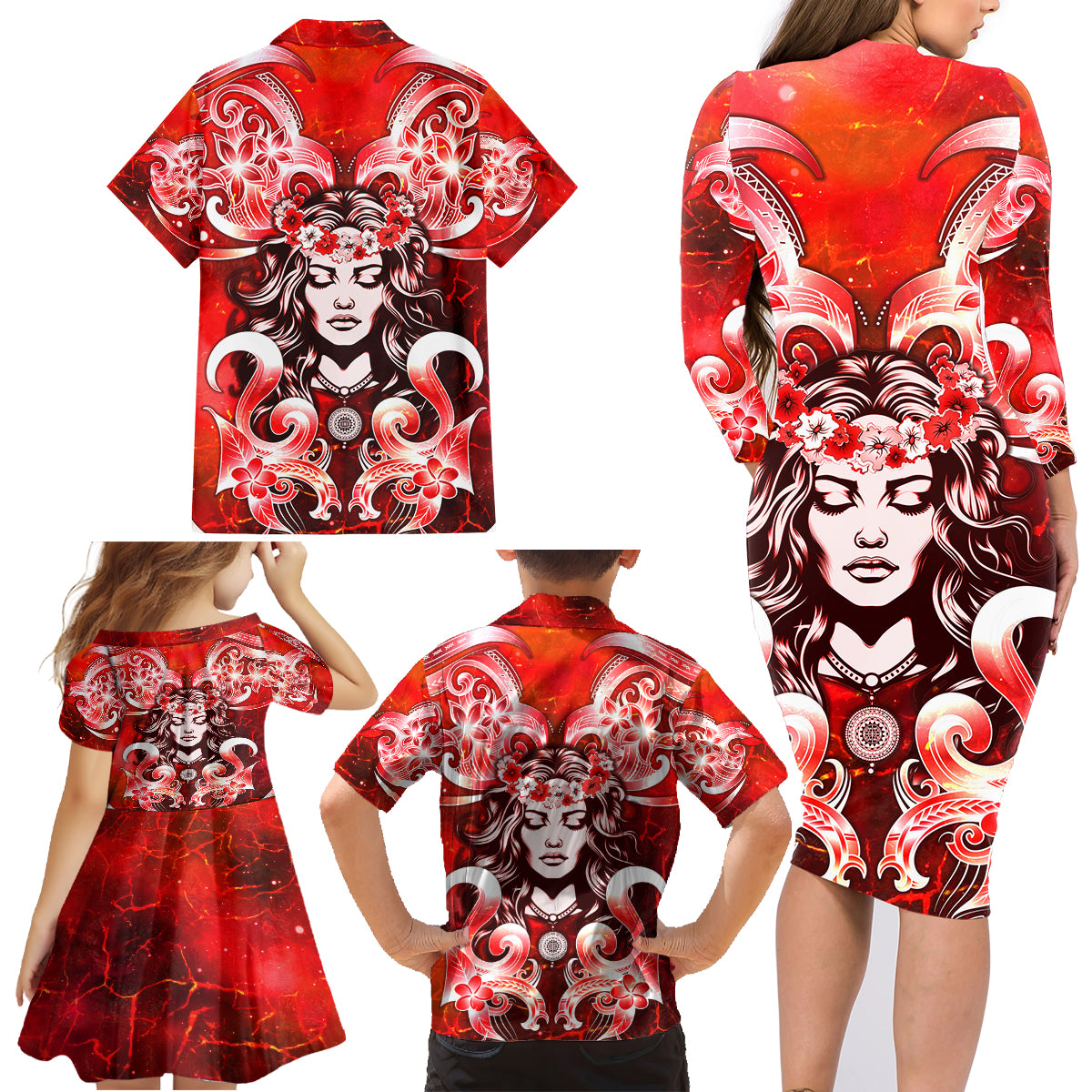 Hawaii Goddess Of Fire Madame Pele Family Matching Long Sleeve Bodycon Dress and Hawaiian Shirt Polynesian Style LT05 - Polynesian Pride