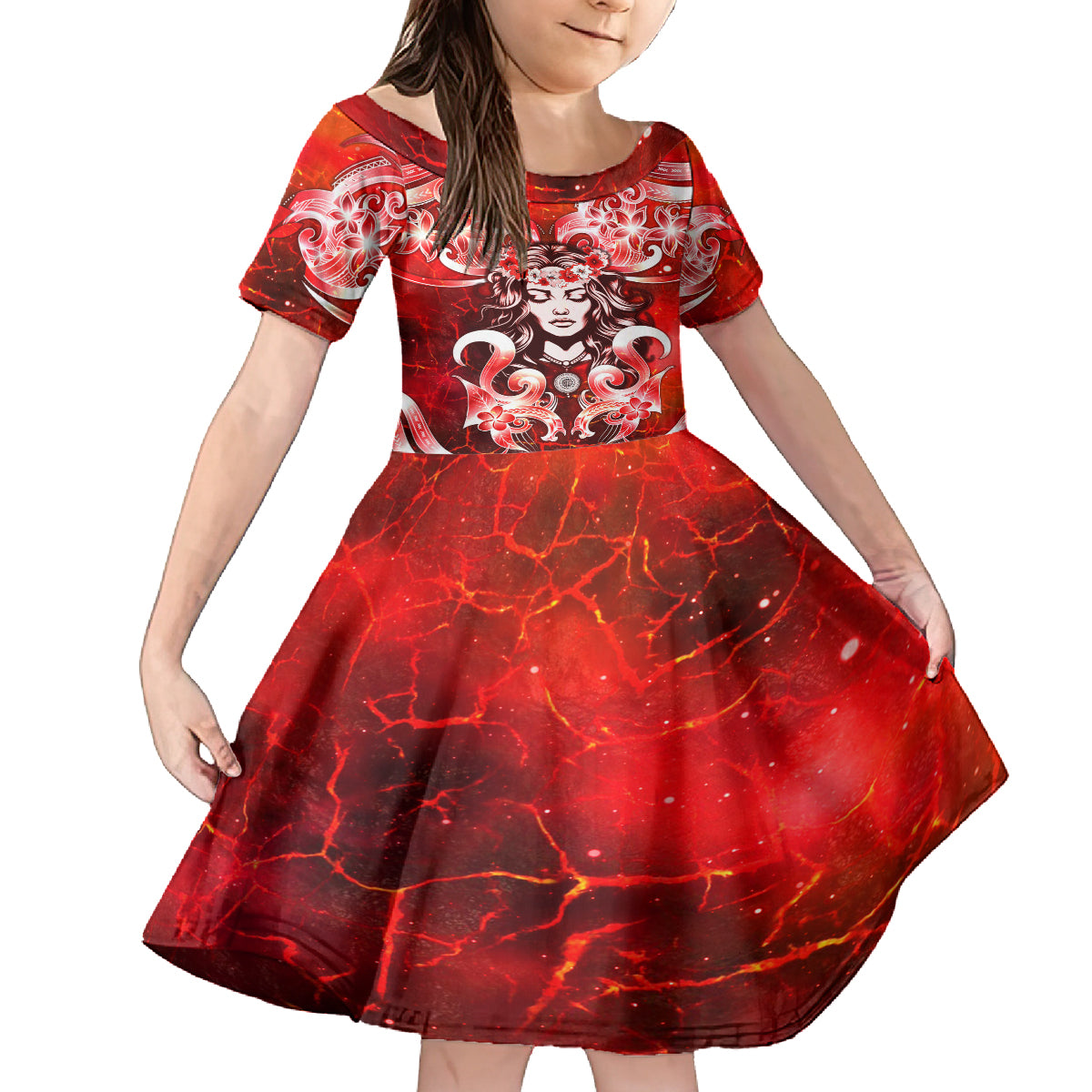 Hawaii Goddess Of Fire Madame Pele Kid Short Sleeve Dress Polynesian Style LT05 KID Red - Polynesian Pride