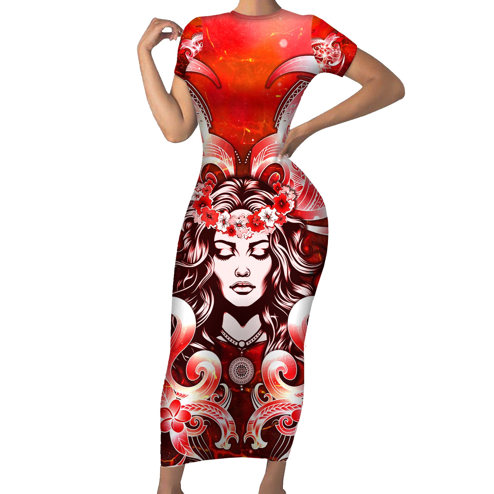 Hawaii Goddess Of Fire Madame Pele Short Sleeve Bodycon Dress Polynesian Style LT05 Long Dress Red - Polynesian Pride