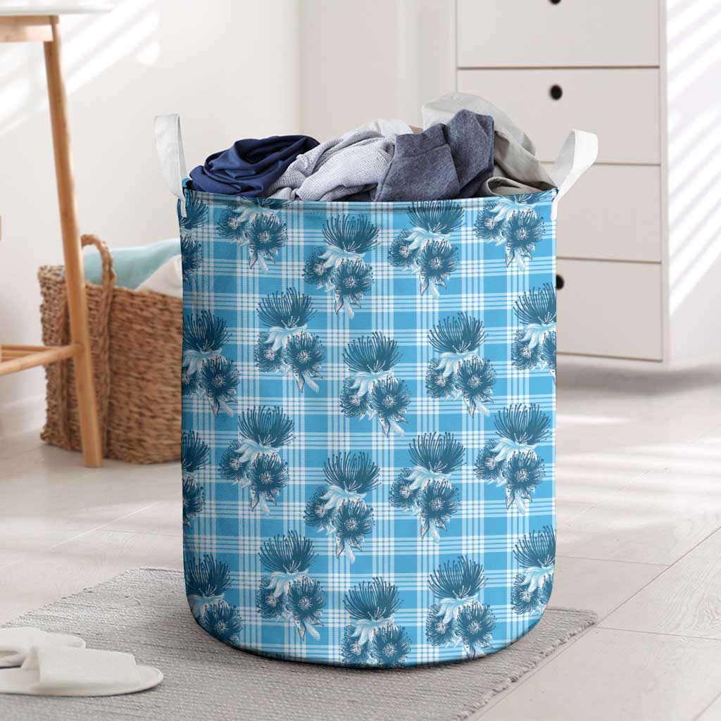 Blue Palaka Hawaii Laundry Basket Hawaiian Lehua Blossoms