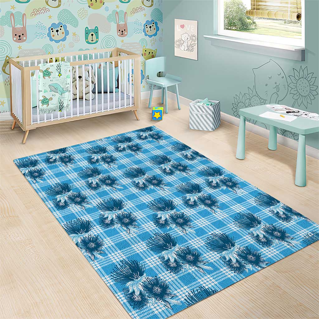 Blue Palaka Hawaii Area Rug Hawaiian Lehua Blossoms
