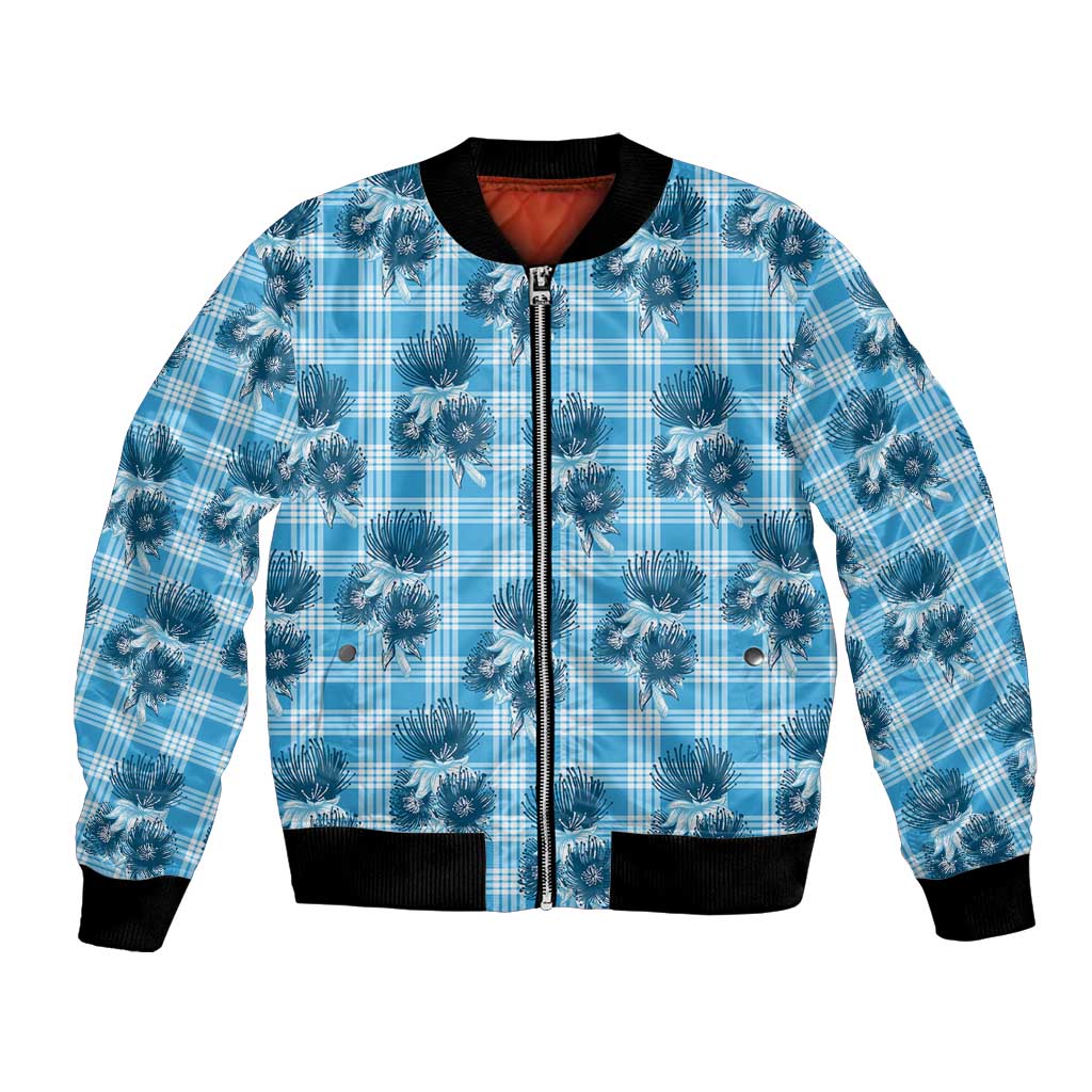 Blue Palaka Hawaii Bomber Jacket Hawaiian Lehua Blossoms