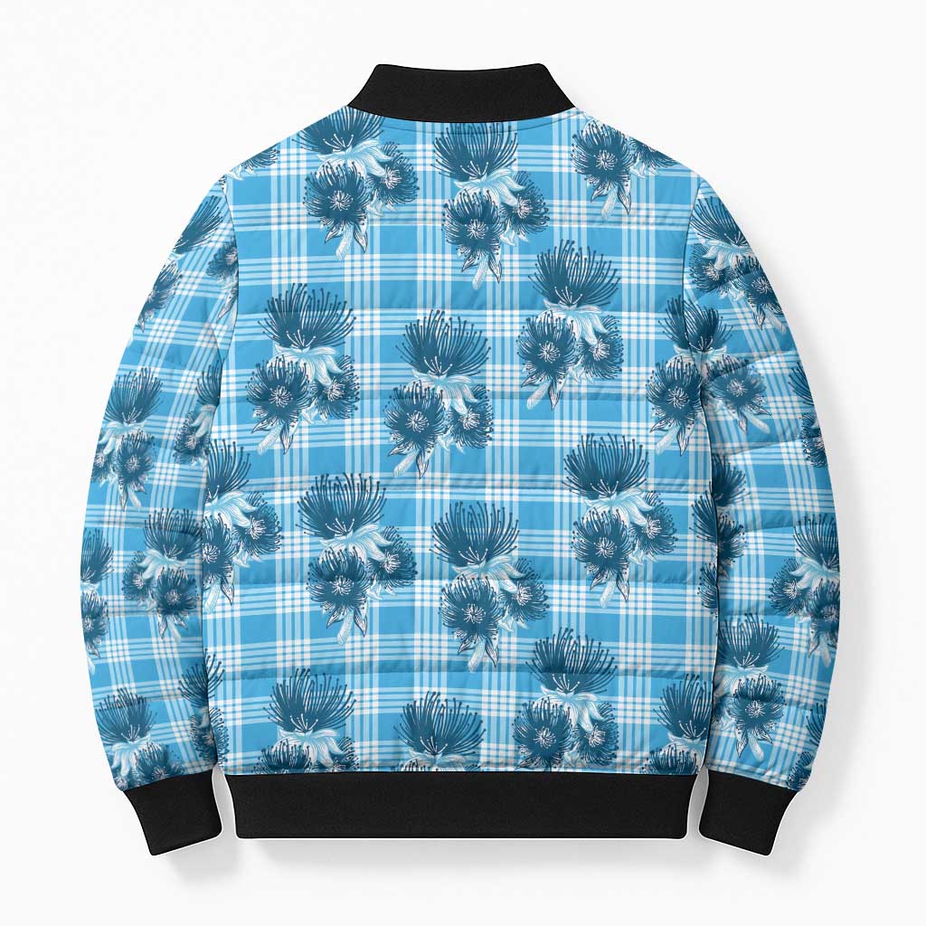 Blue Palaka Hawaii Bomber Puffer Jacket Hawaiian Lehua Blossoms