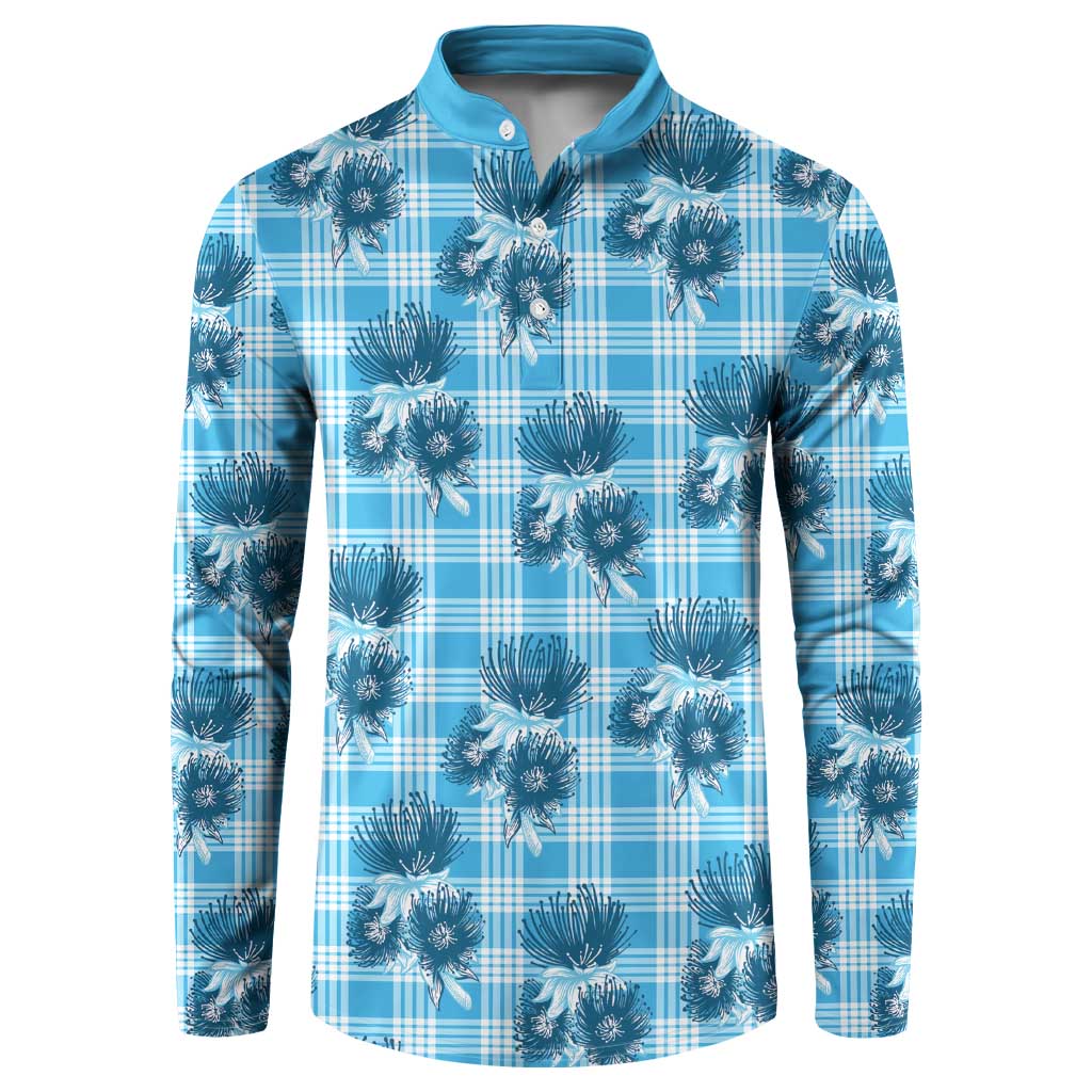 Blue Palaka Hawaii Button Sweatshirt Hawaiian Lehua Blossoms