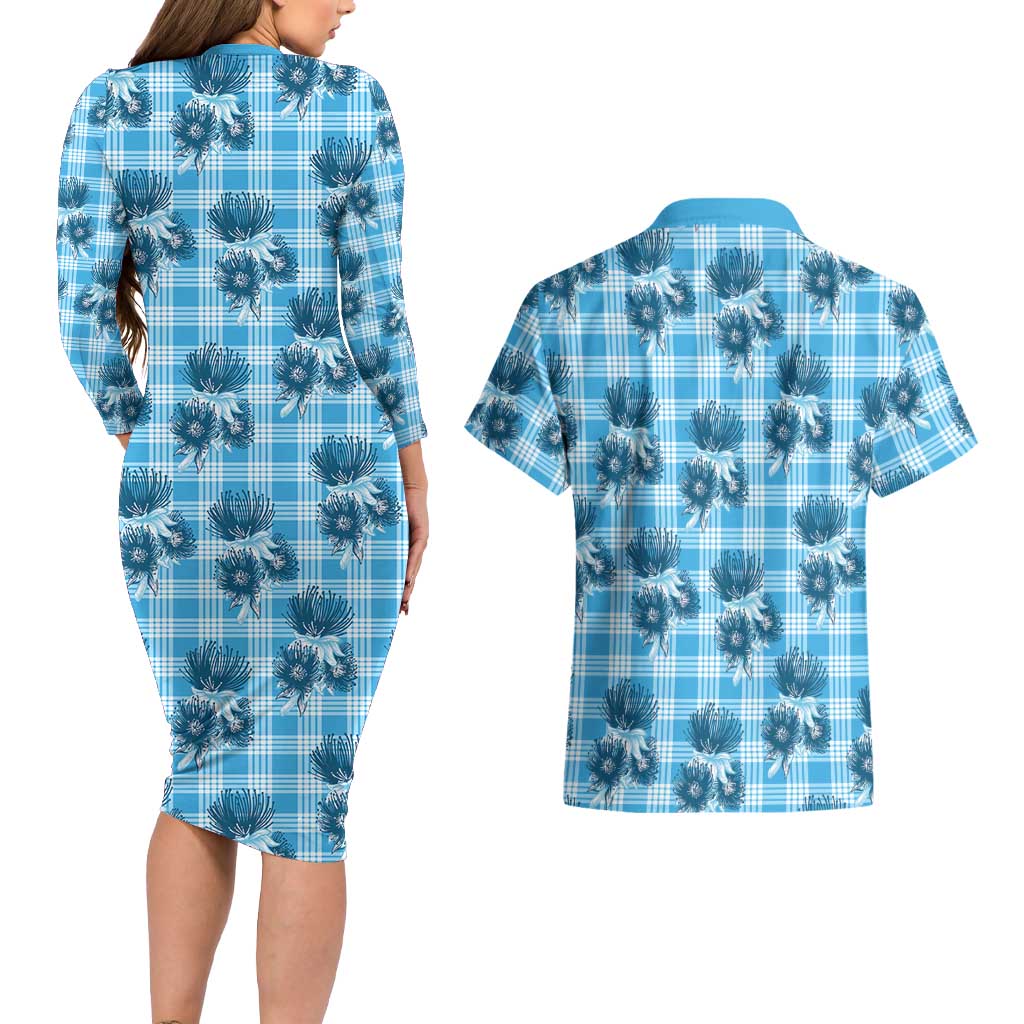 Blue Palaka Hawaii Couples Matching Long Sleeve Bodycon Dress and Hawaiian Shirt Hawaiian Lehua Blossoms