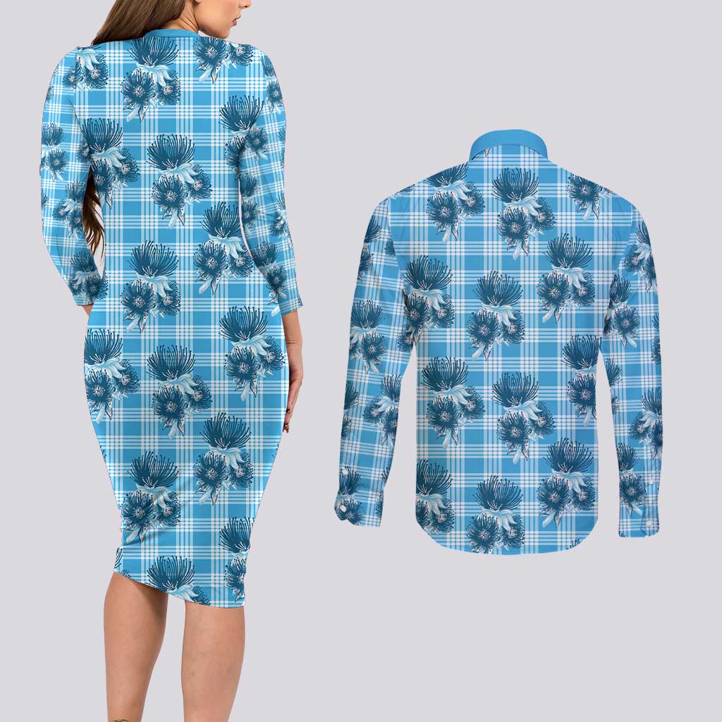 Blue Palaka Hawaii Couples Matching Long Sleeve Bodycon Dress and Long Sleeve Button Shirt Hawaiian Lehua Blossoms