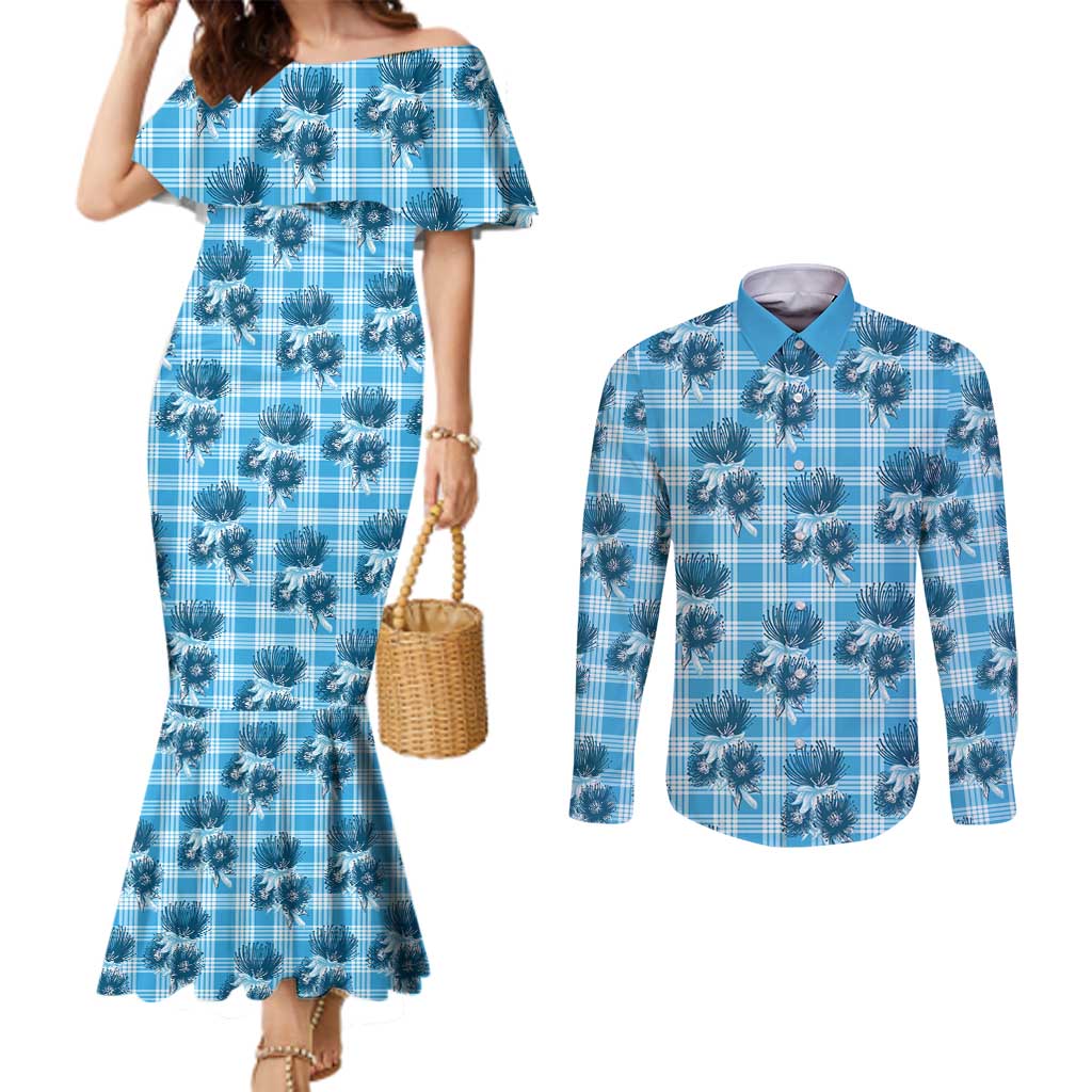 Blue Palaka Hawaii Couples Matching Mermaid Dress and Long Sleeve Button Shirt Hawaiian Lehua Blossoms