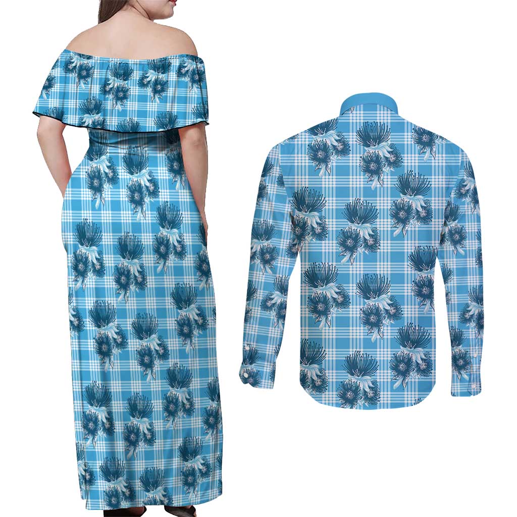 Blue Palaka Hawaii Couples Matching Off Shoulder Maxi Dress and Long Sleeve Button Shirt Hawaiian Lehua Blossoms