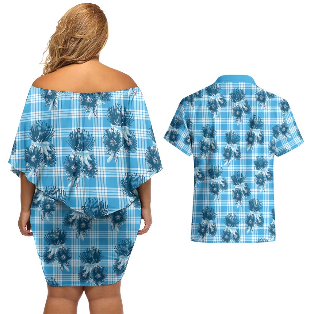Blue Palaka Hawaii Couples Matching Off Shoulder Short Dress and Hawaiian Shirt Hawaiian Lehua Blossoms