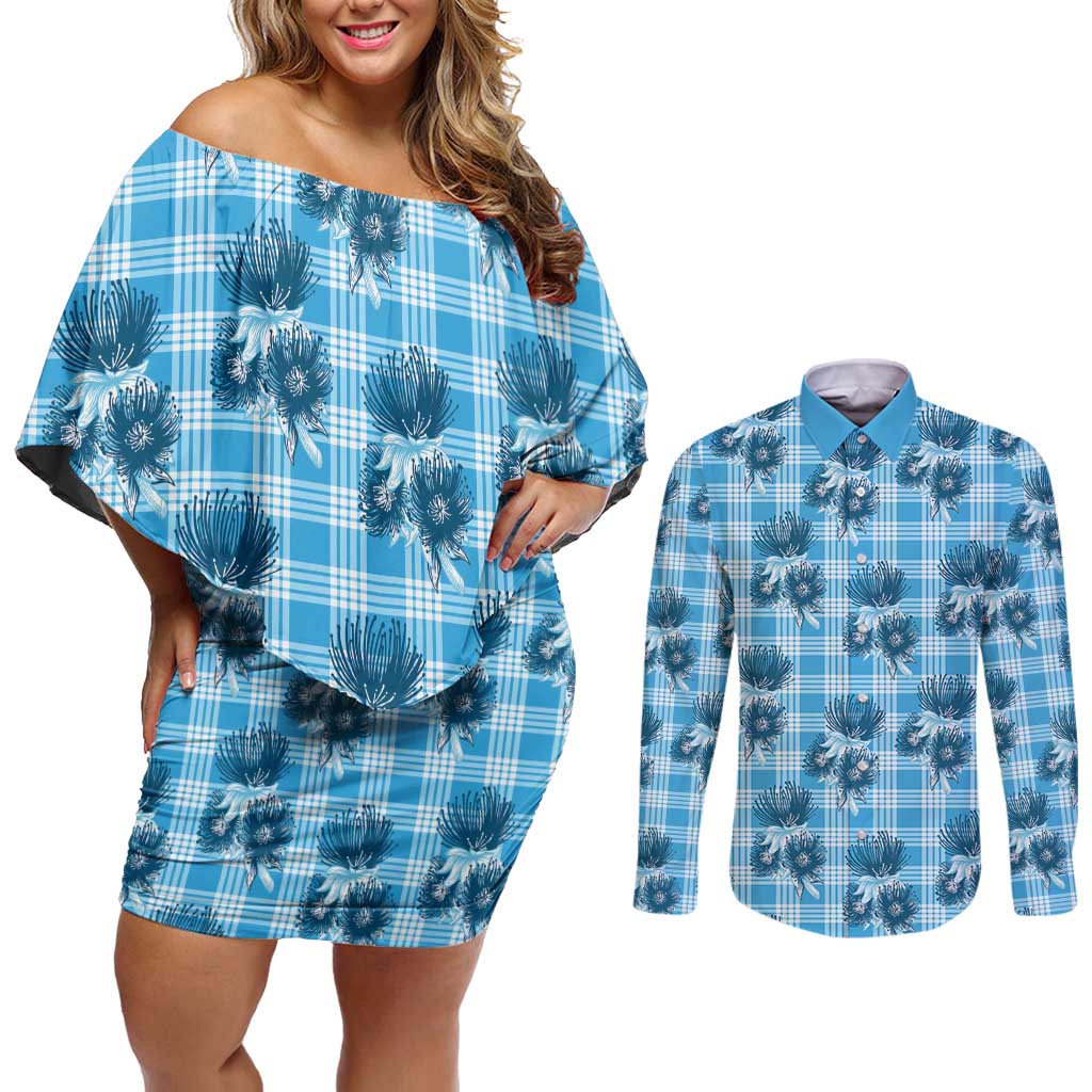 Blue Palaka Hawaii Couples Matching Off Shoulder Short Dress and Long Sleeve Button Shirt Hawaiian Lehua Blossoms