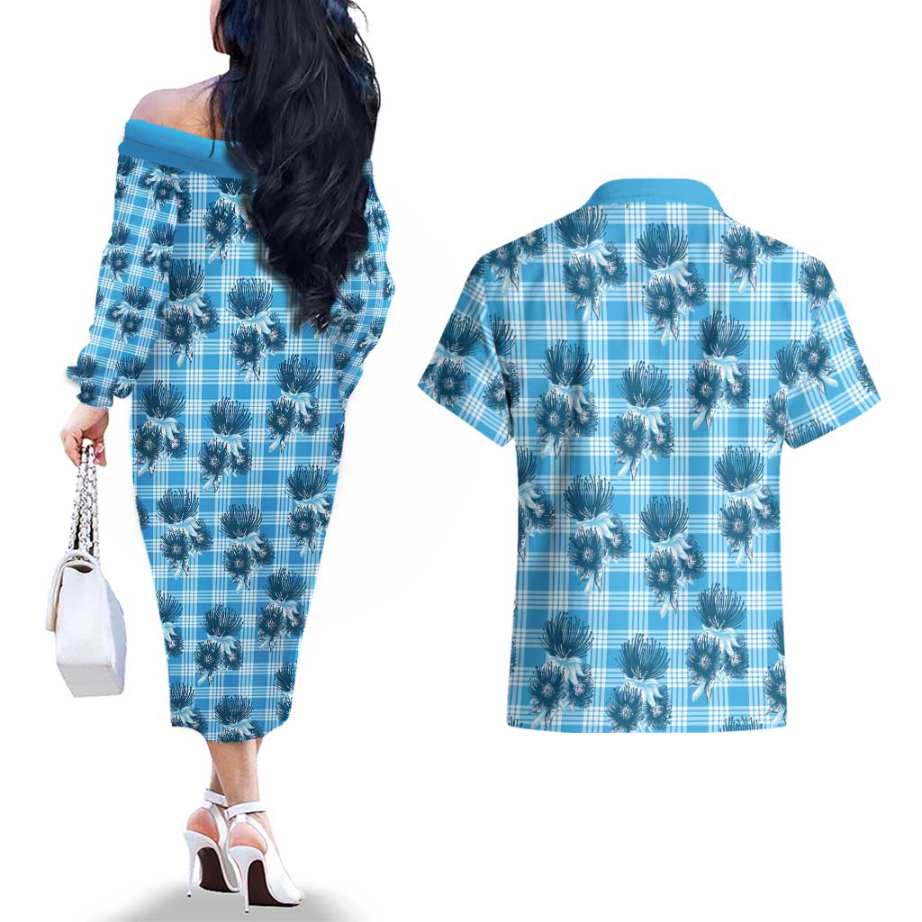 Blue Palaka Hawaii Couples Matching Off The Shoulder Long Sleeve Dress and Hawaiian Shirt Hawaiian Lehua Blossoms