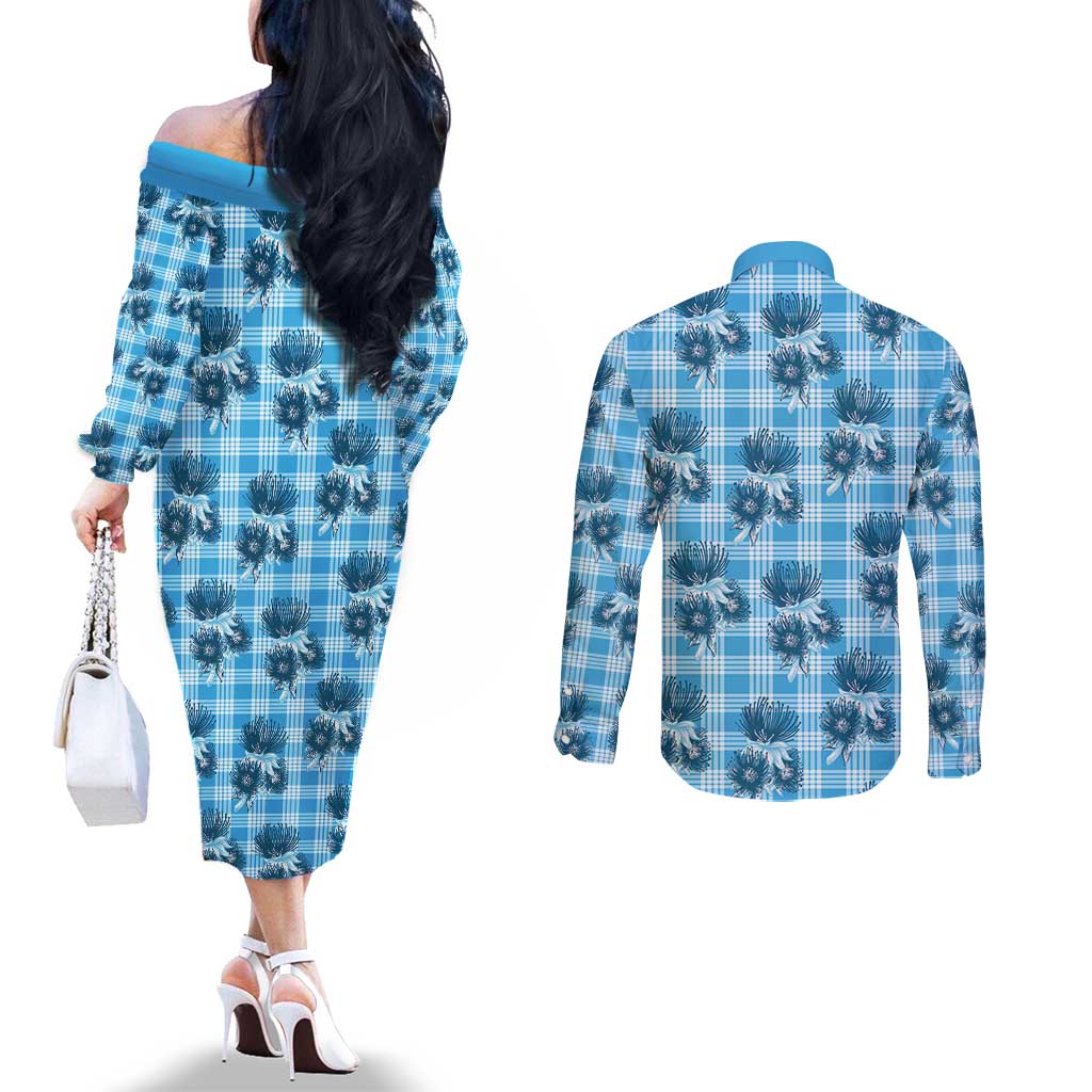 Blue Palaka Hawaii Couples Matching Off The Shoulder Long Sleeve Dress and Long Sleeve Button Shirt Hawaiian Lehua Blossoms
