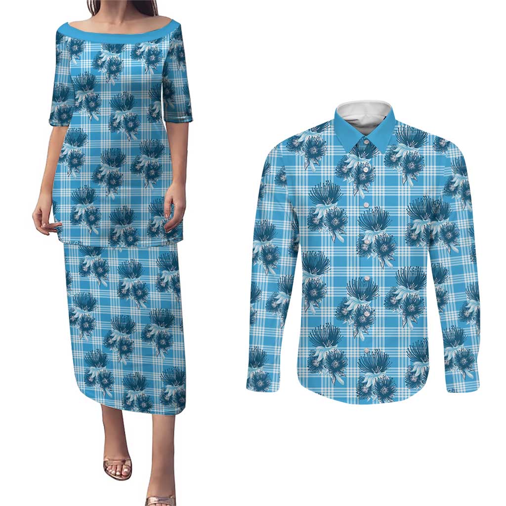 Blue Palaka Hawaii Couples Matching Puletasi and Long Sleeve Button Shirt Hawaiian Lehua Blossoms