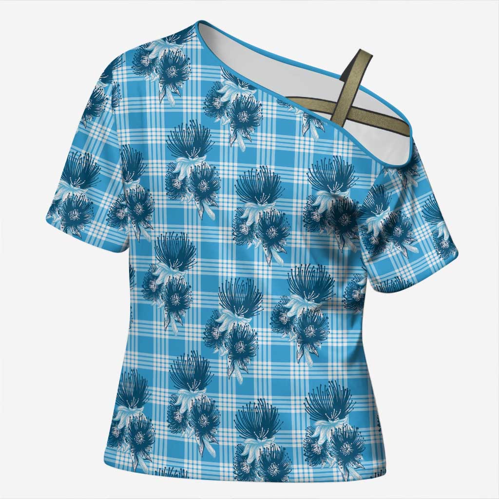 Blue Palaka Hawaii Cross Shoulder Shirt Hawaiian Lehua Blossoms LT05 Female Blue - Polynesian Pride