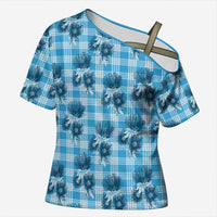 Blue Palaka Hawaii Cross Shoulder Shirt Hawaiian Lehua Blossoms LT05 Female Blue - Polynesian Pride