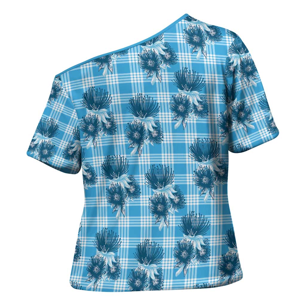 Blue Palaka Hawaii Cross Shoulder Shirt Hawaiian Lehua Blossoms LT05 - Polynesian Pride
