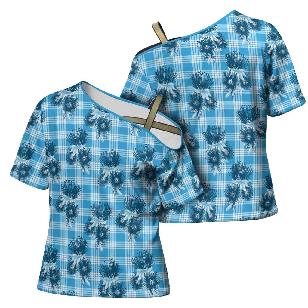 Blue Palaka Hawaii Cross Shoulder Shirt Hawaiian Lehua Blossoms LT05 - Polynesian Pride
