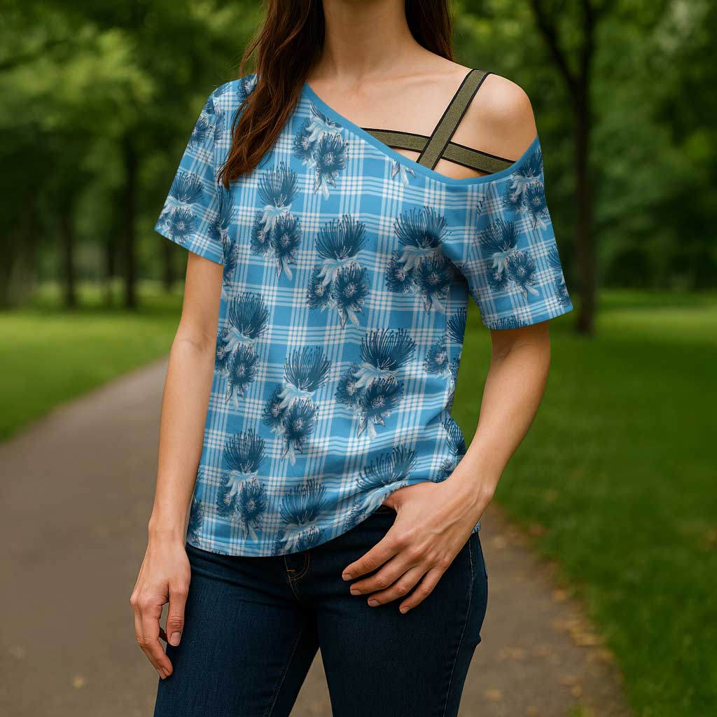 Blue Palaka Hawaii Cross Shoulder Shirt Hawaiian Lehua Blossoms LT05 - Polynesian Pride