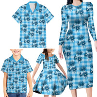 Blue Palaka Hawaii Family Matching Long Sleeve Bodycon Dress and Hawaiian Shirt Hawaiian Lehua Blossoms
