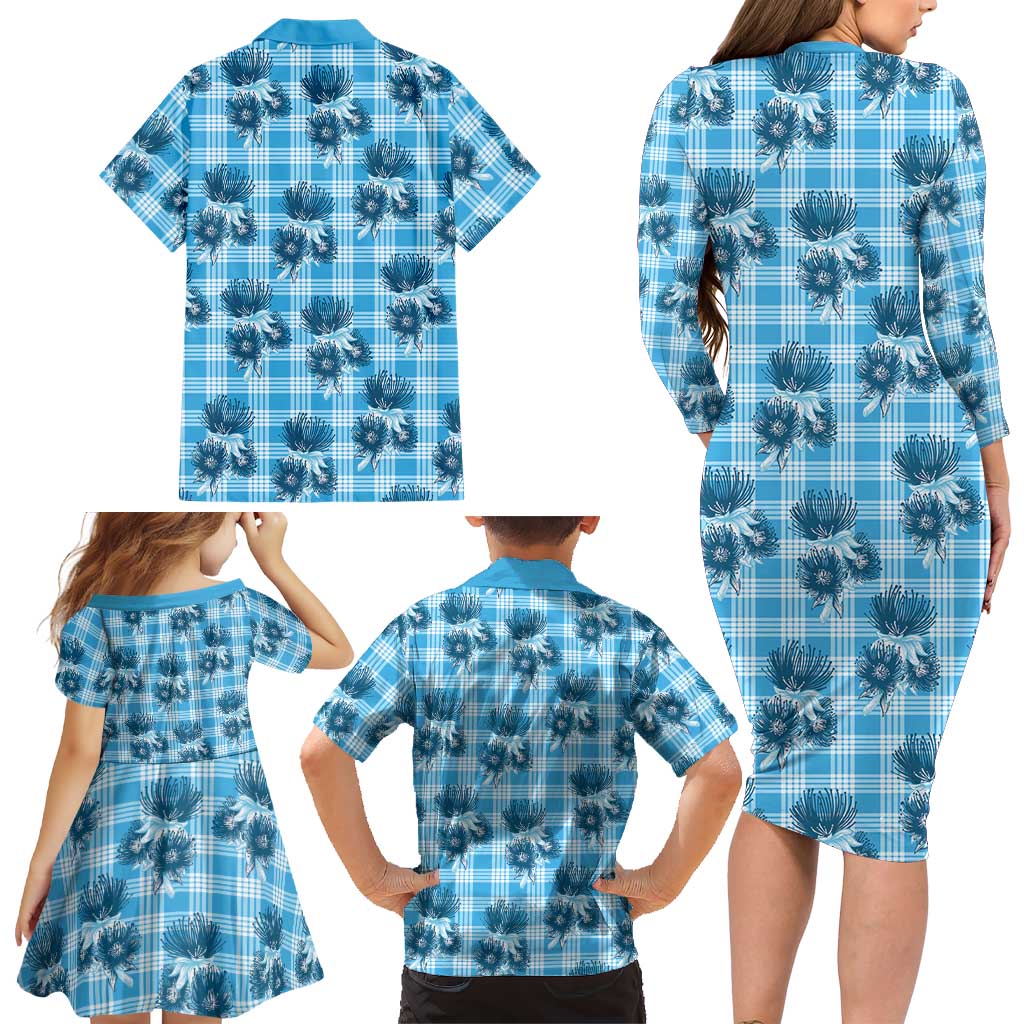 Blue Palaka Hawaii Family Matching Long Sleeve Bodycon Dress and Hawaiian Shirt Hawaiian Lehua Blossoms