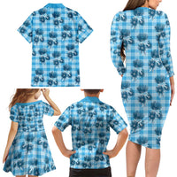 Blue Palaka Hawaii Family Matching Long Sleeve Bodycon Dress and Hawaiian Shirt Hawaiian Lehua Blossoms
