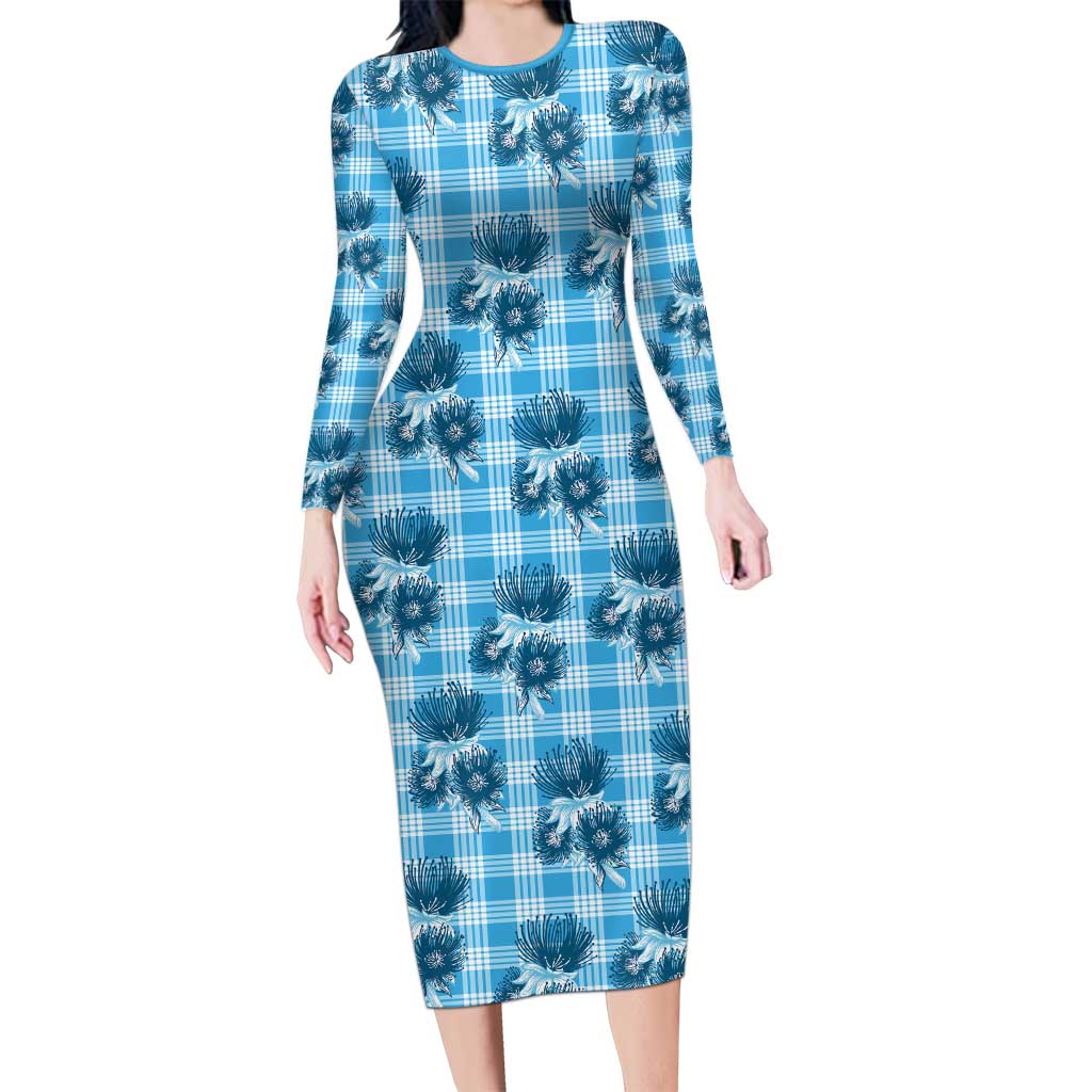 Blue Palaka Hawaii Family Matching Long Sleeve Bodycon Dress and Hawaiian Shirt Hawaiian Lehua Blossoms