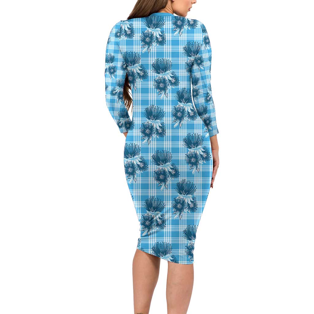 Blue Palaka Hawaii Family Matching Long Sleeve Bodycon Dress and Hawaiian Shirt Hawaiian Lehua Blossoms