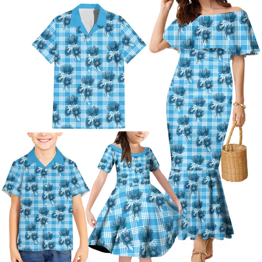 Blue Palaka Hawaii Family Matching Mermaid Dress and Hawaiian Shirt Hawaiian Lehua Blossoms