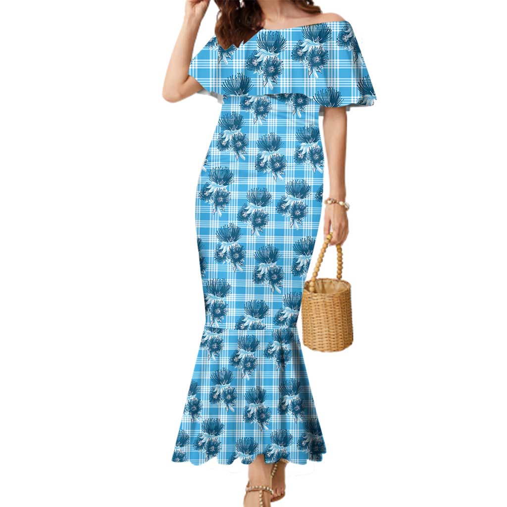 Blue Palaka Hawaii Family Matching Mermaid Dress and Hawaiian Shirt Hawaiian Lehua Blossoms