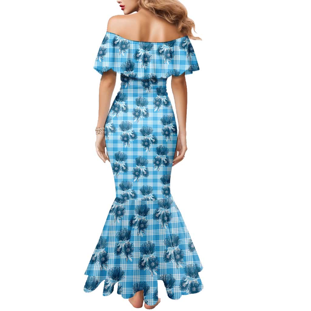 Blue Palaka Hawaii Family Matching Mermaid Dress and Hawaiian Shirt Hawaiian Lehua Blossoms