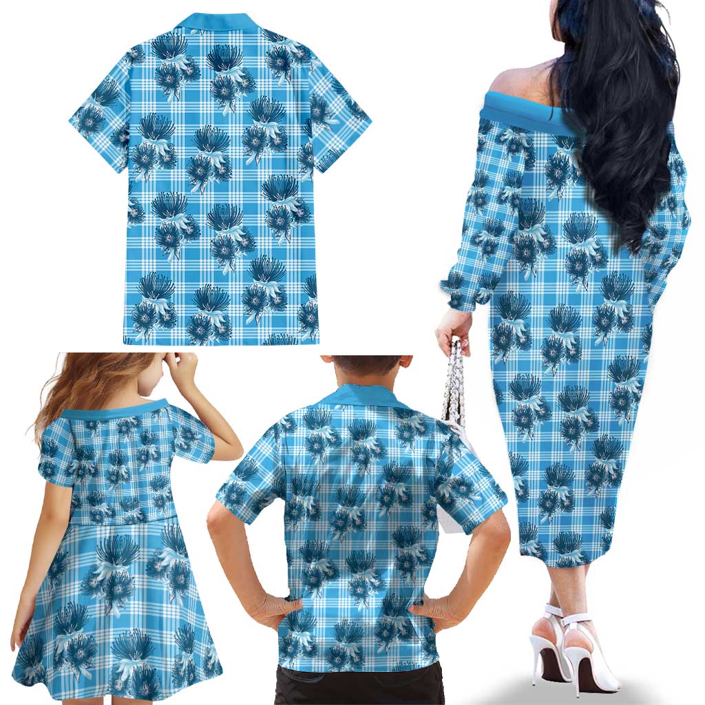 Blue Palaka Hawaii Family Matching Off The Shoulder Long Sleeve Dress and Hawaiian Shirt Hawaiian Lehua Blossoms