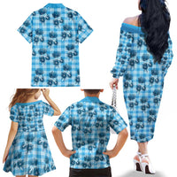 Blue Palaka Hawaii Family Matching Off The Shoulder Long Sleeve Dress and Hawaiian Shirt Hawaiian Lehua Blossoms