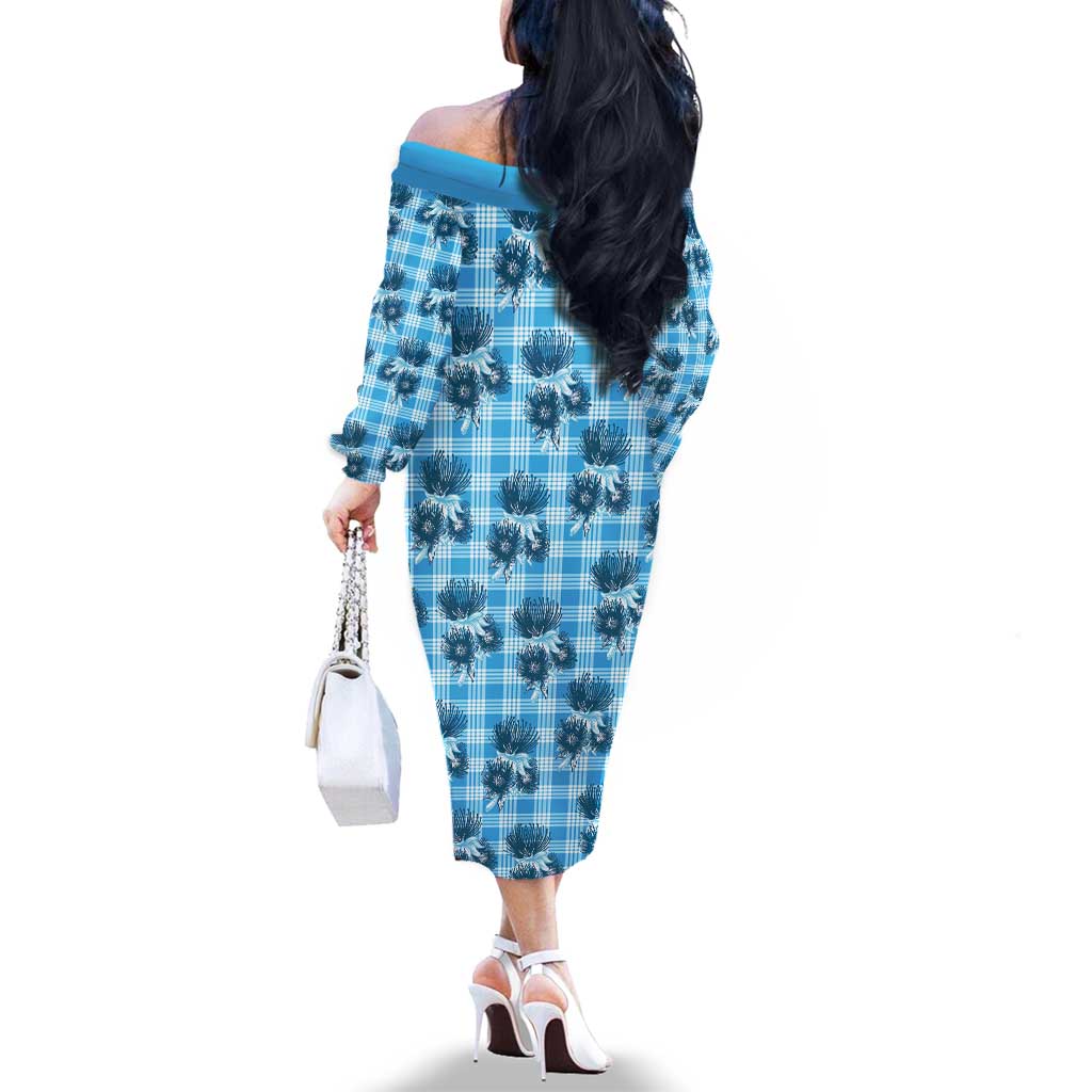 Blue Palaka Hawaii Family Matching Off The Shoulder Long Sleeve Dress and Hawaiian Shirt Hawaiian Lehua Blossoms