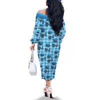 Blue Palaka Hawaii Family Matching Off The Shoulder Long Sleeve Dress and Hawaiian Shirt Hawaiian Lehua Blossoms
