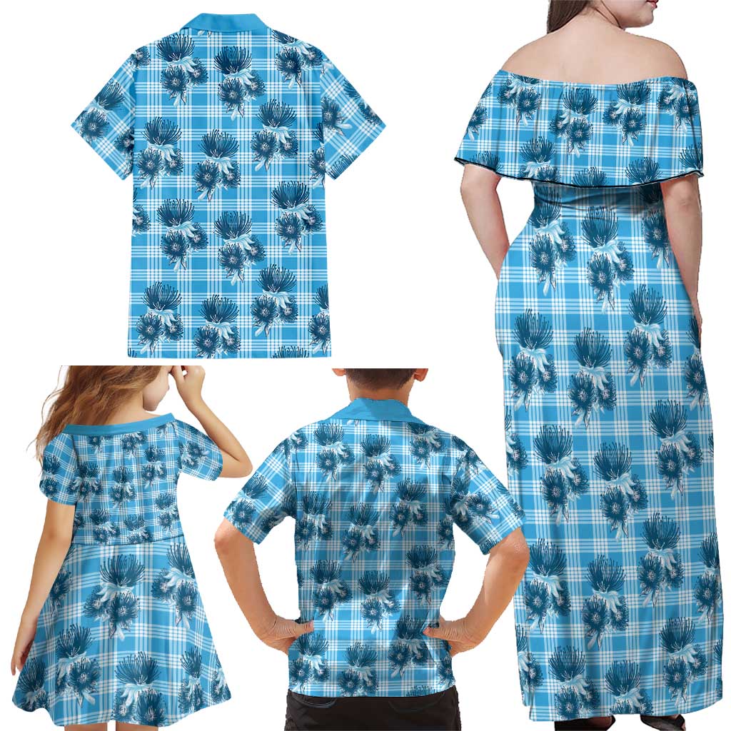 Blue Palaka Hawaii Family Matching Off Shoulder Maxi Dress and Hawaiian Shirt Hawaiian Lehua Blossoms