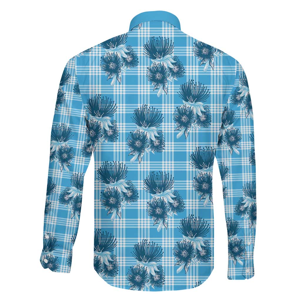 Blue Palaka Hawaii Family Matching Off Shoulder Maxi Dress and Hawaiian Shirt Hawaiian Lehua Blossoms