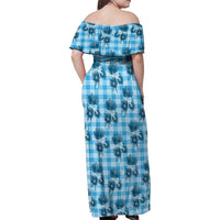 Blue Palaka Hawaii Family Matching Off Shoulder Maxi Dress and Hawaiian Shirt Hawaiian Lehua Blossoms