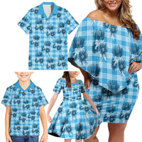 Blue Palaka Hawaii Family Matching Off Shoulder Short Dress and Hawaiian Shirt Hawaiian Lehua Blossoms
