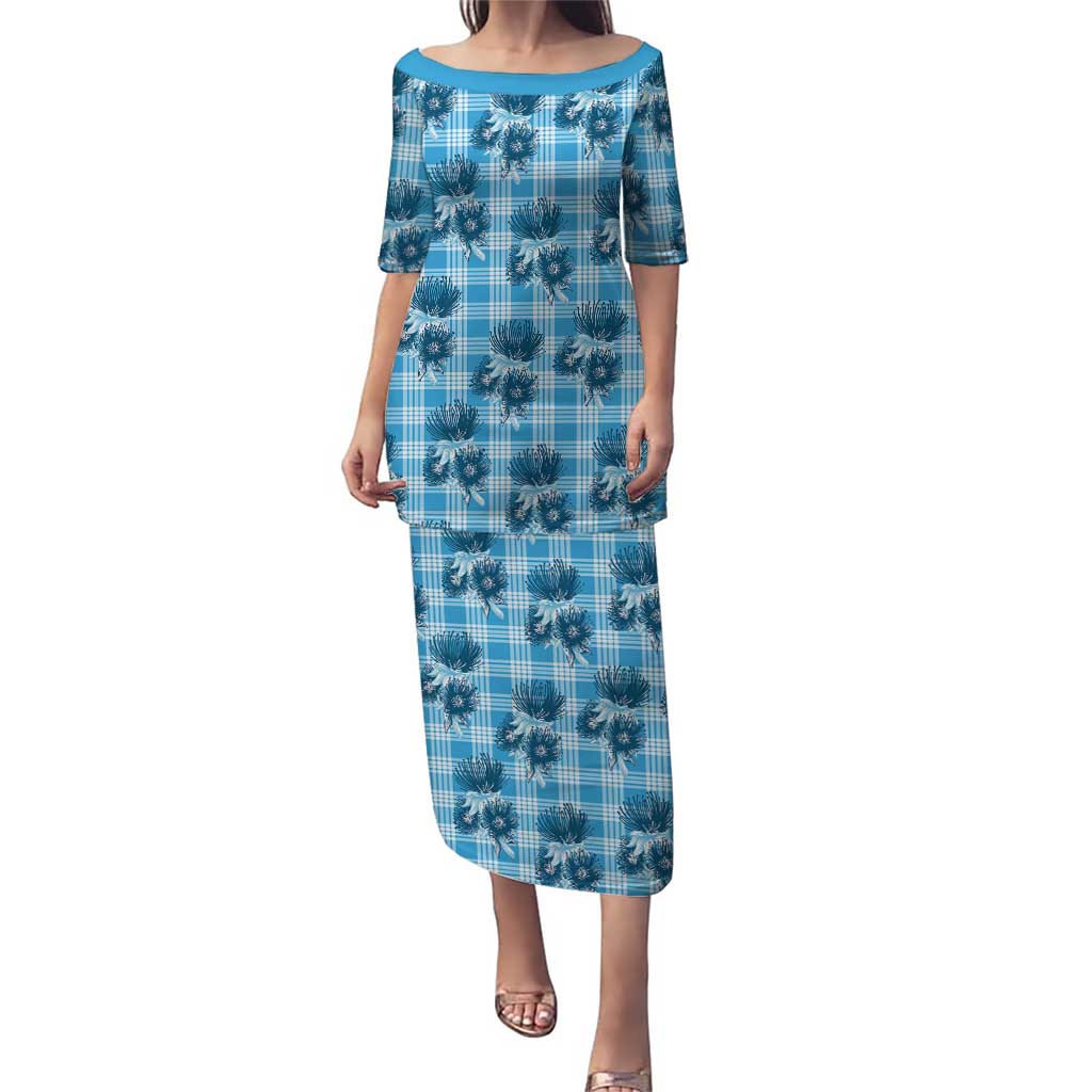 Blue Palaka Hawaii Family Matching Puletasi and Hawaiian Shirt Hawaiian Lehua Blossoms