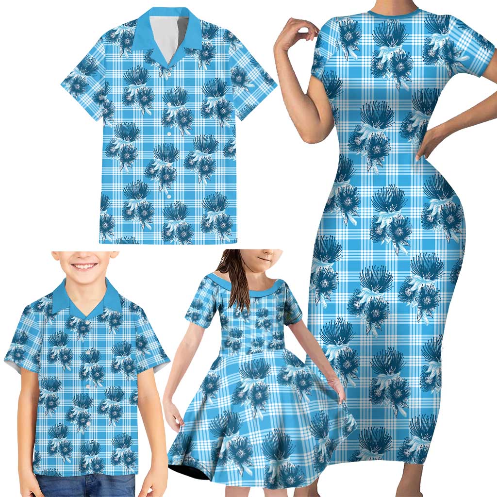 Blue Palaka Hawaii Family Matching Short Sleeve Bodycon Dress and Hawaiian Shirt Hawaiian Lehua Blossoms