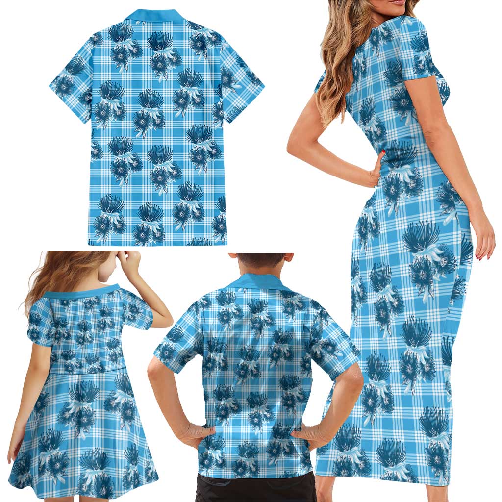 Blue Palaka Hawaii Family Matching Short Sleeve Bodycon Dress and Hawaiian Shirt Hawaiian Lehua Blossoms