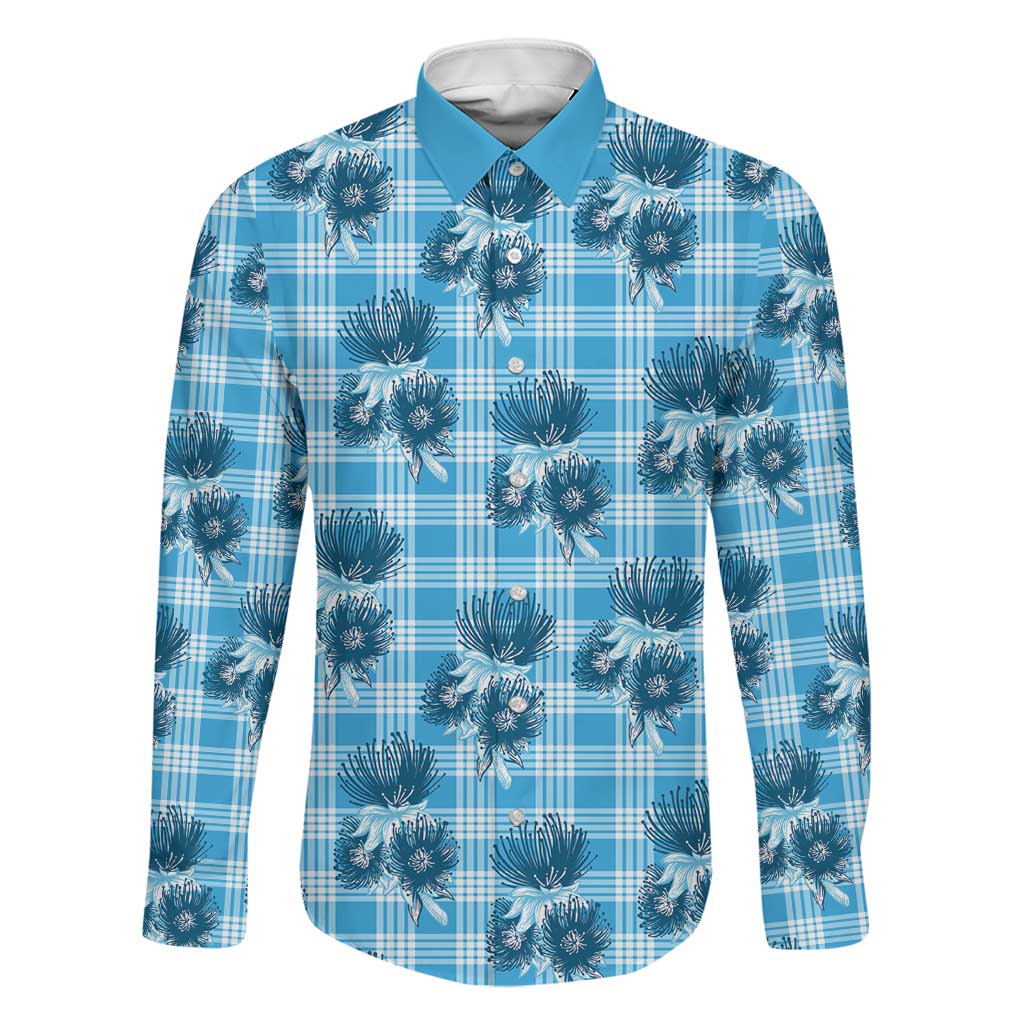 Blue Palaka Hawaii Family Matching Short Sleeve Bodycon Dress and Hawaiian Shirt Hawaiian Lehua Blossoms