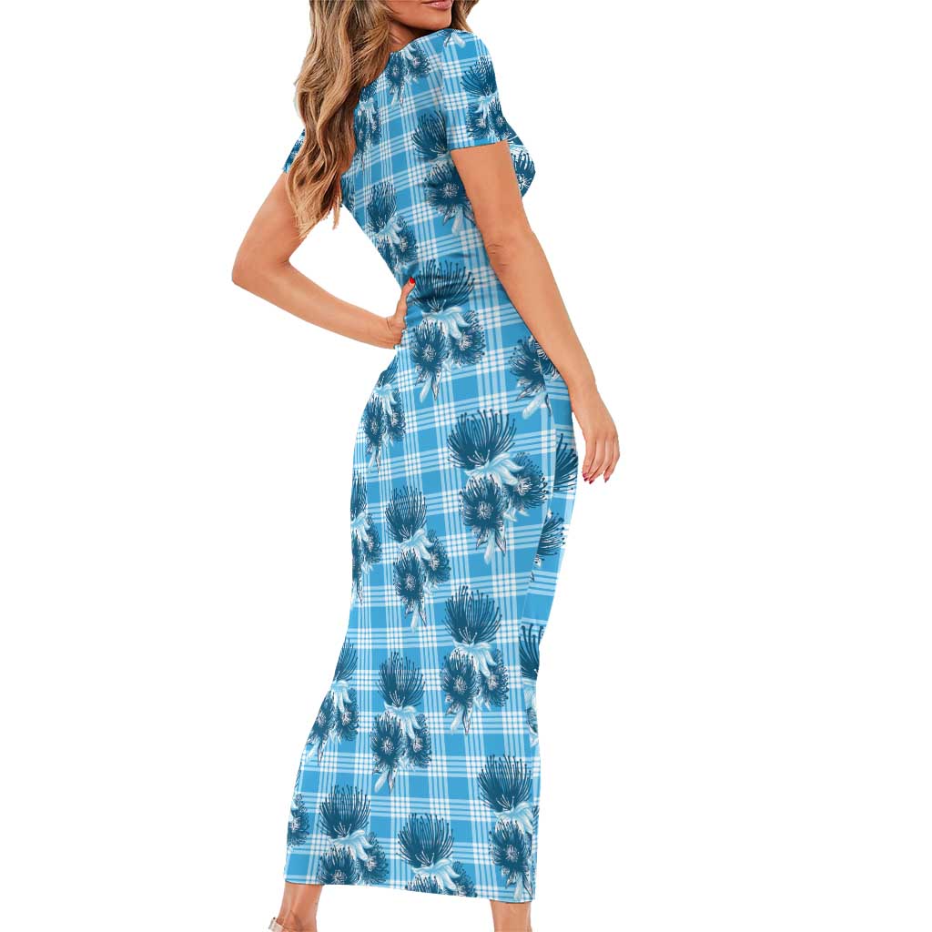 Blue Palaka Hawaii Family Matching Short Sleeve Bodycon Dress and Hawaiian Shirt Hawaiian Lehua Blossoms