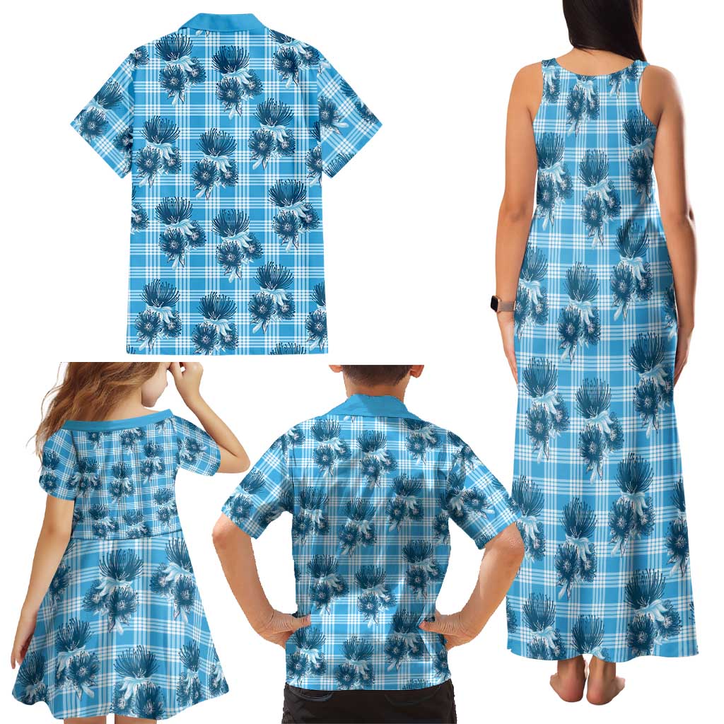 Blue Palaka Hawaii Family Matching Tank Maxi Dress and Hawaiian Shirt Hawaiian Lehua Blossoms