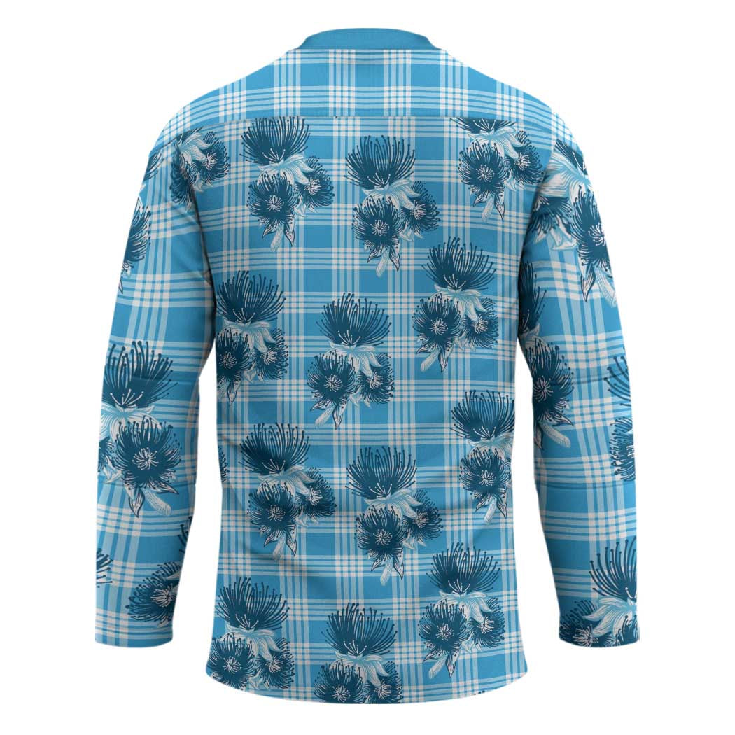 Blue Palaka Hawaii Hockey Jersey Hawaiian Lehua Blossoms