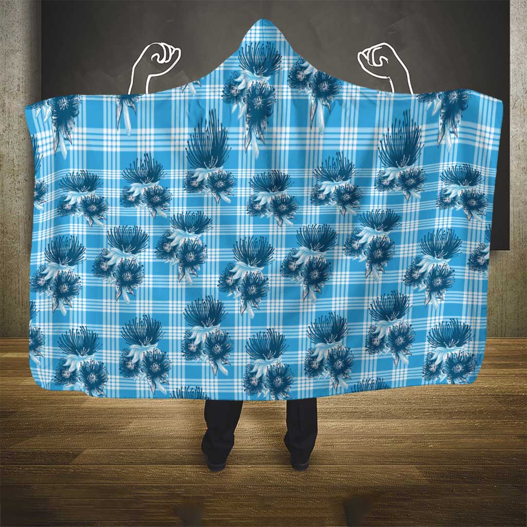 Blue Palaka Hawaii Hooded Blanket Hawaiian Lehua Blossoms