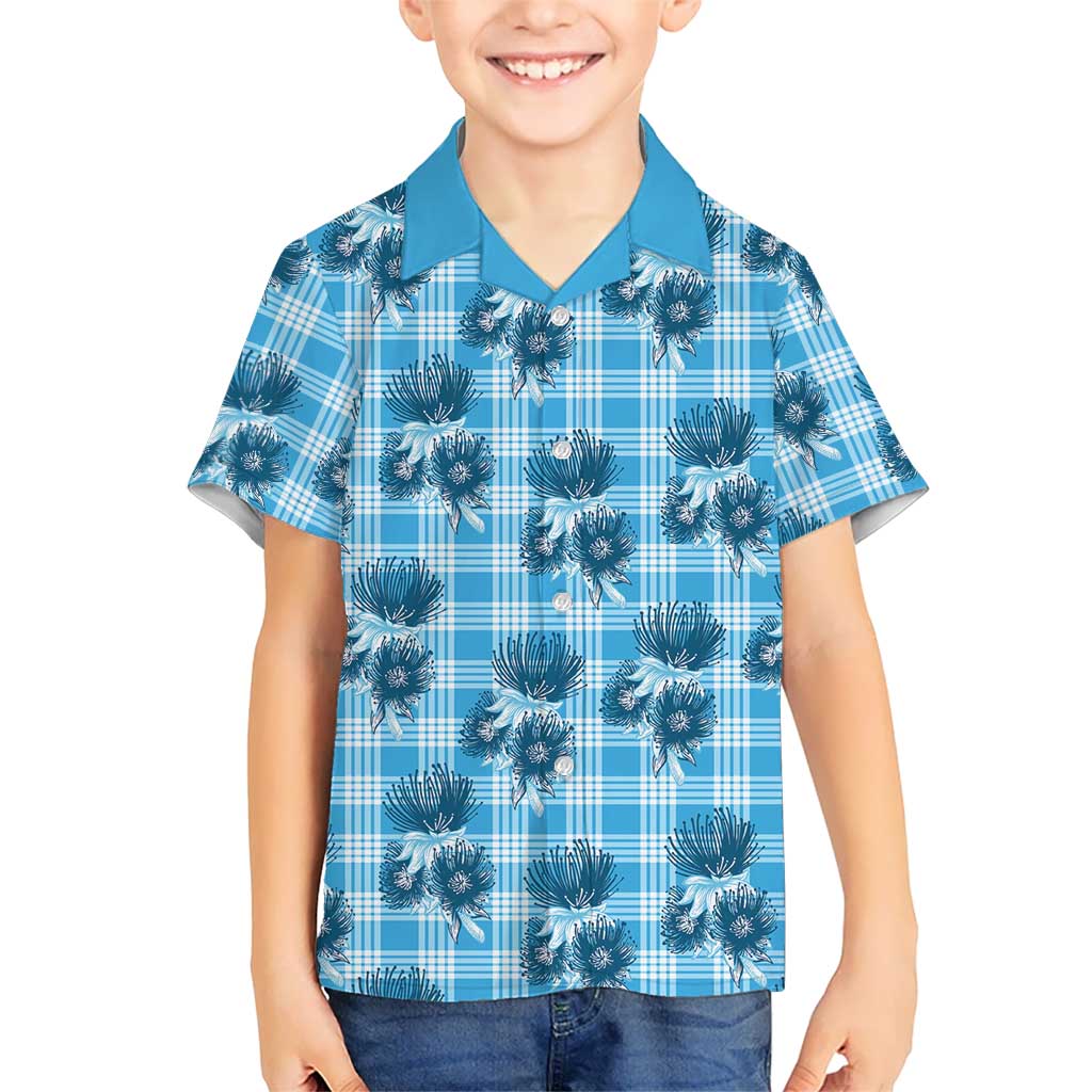 Blue Palaka Hawaii Kid Hawaiian Shirt Hawaiian Lehua Blossoms LT05 Kid Blue - Polynesian Pride