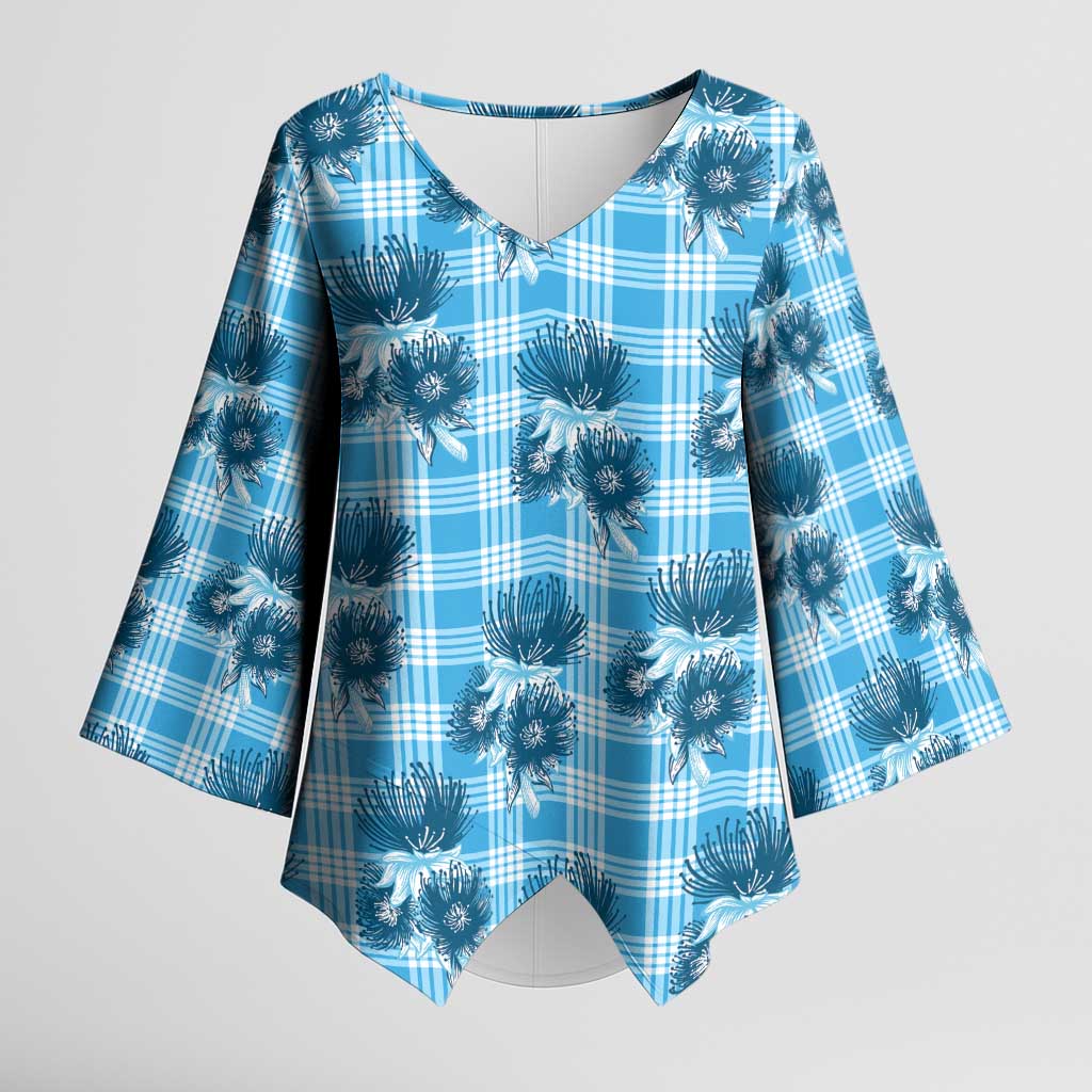 Blue Palaka Hawaii Kimono Sleeve Blouse Hawaiian Lehua Blossoms LT05 Female Blue - Polynesian Pride
