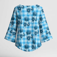 Blue Palaka Hawaii Kimono Sleeve Blouse Hawaiian Lehua Blossoms LT05 - Polynesian Pride