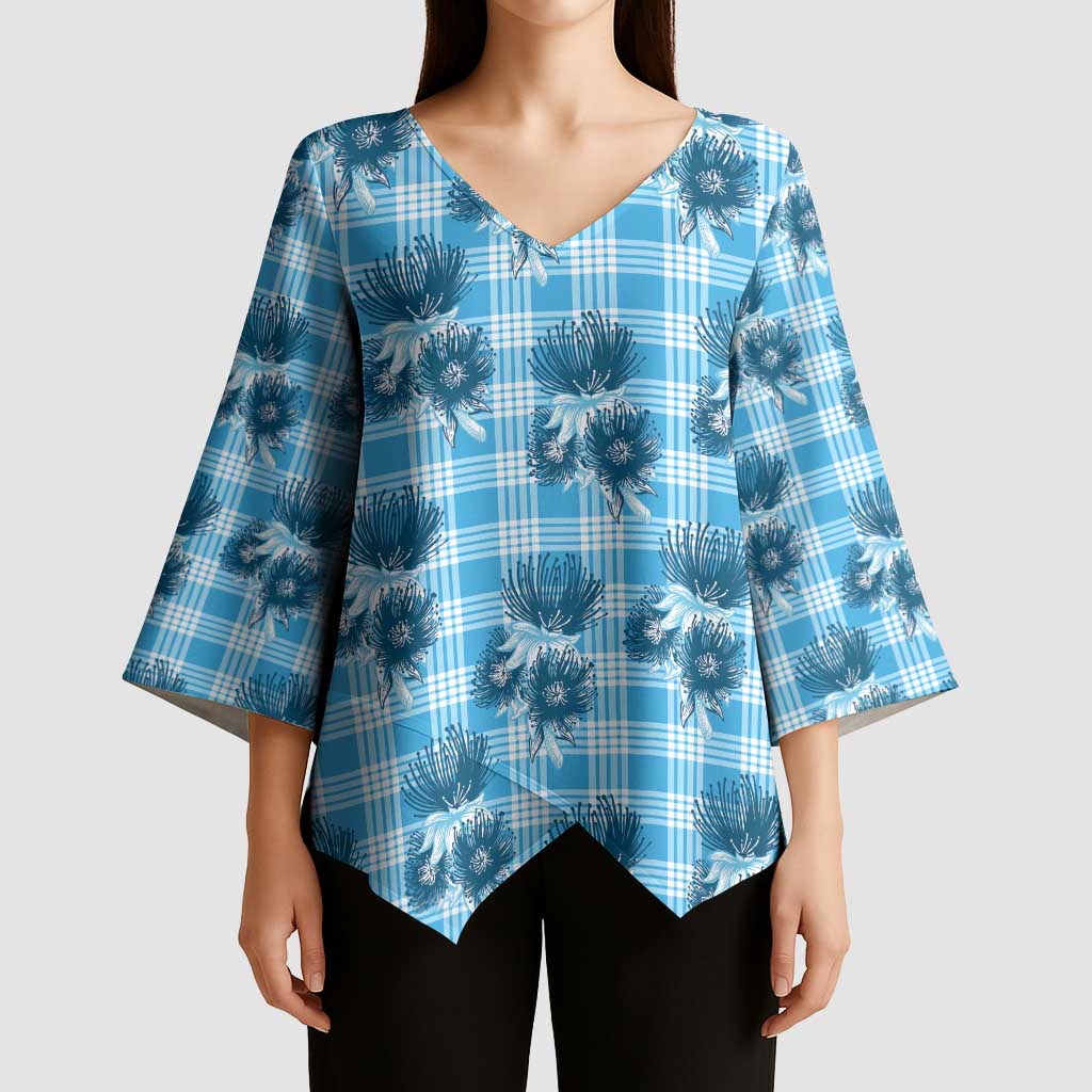 Blue Palaka Hawaii Kimono Sleeve Blouse Hawaiian Lehua Blossoms LT05 - Polynesian Pride